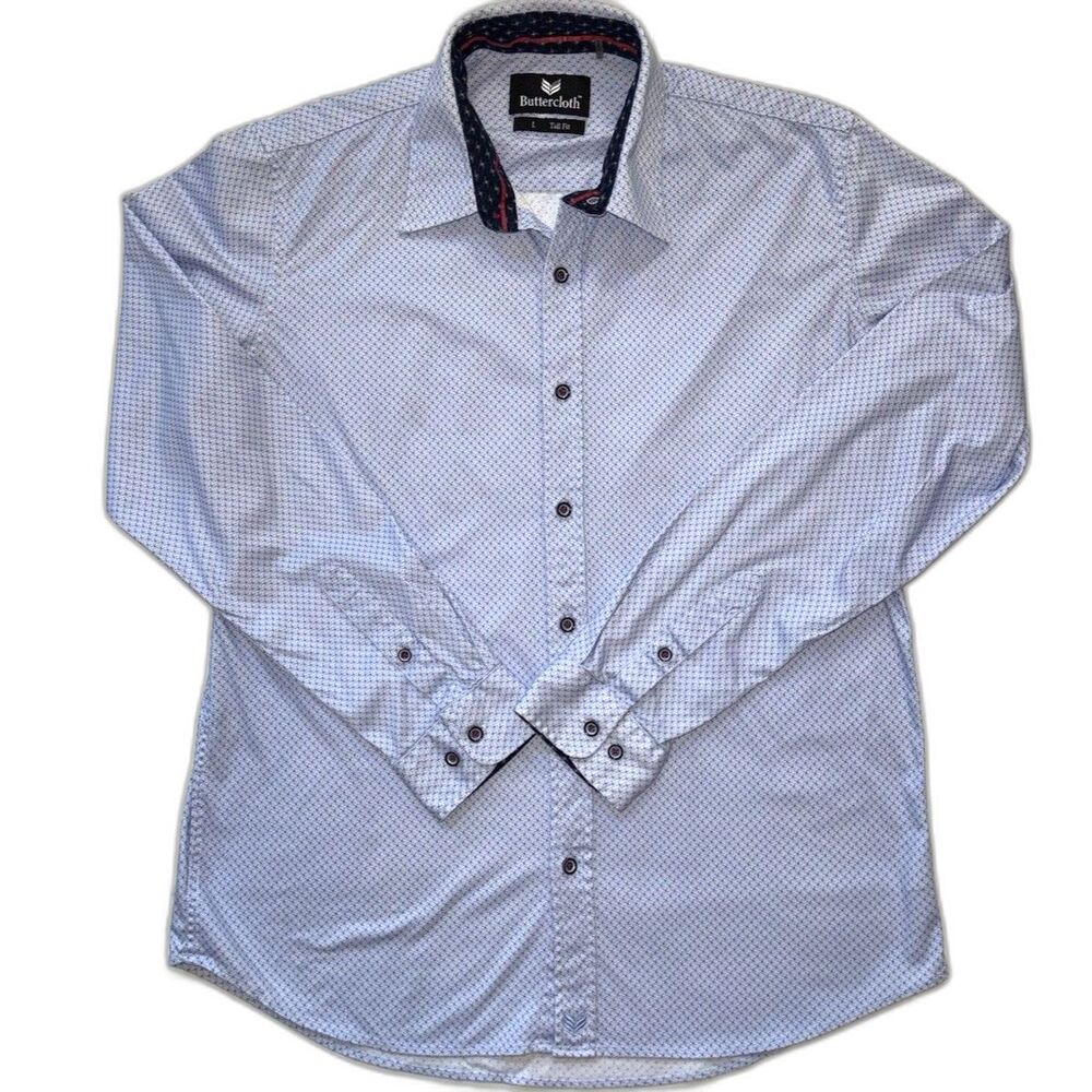 Buttercloth Men's Large Tall Plaid Button Down Shirt Long Sleeve Navy Blue EUC